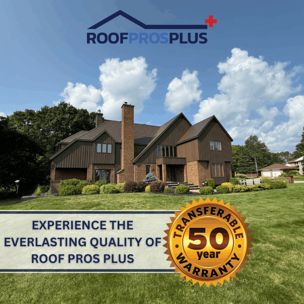 Large house with brown siding and brick chimney under a blue sky, featuring Roof Pros Plus branding and a “50 year transferable warranty” badge in the foreground.