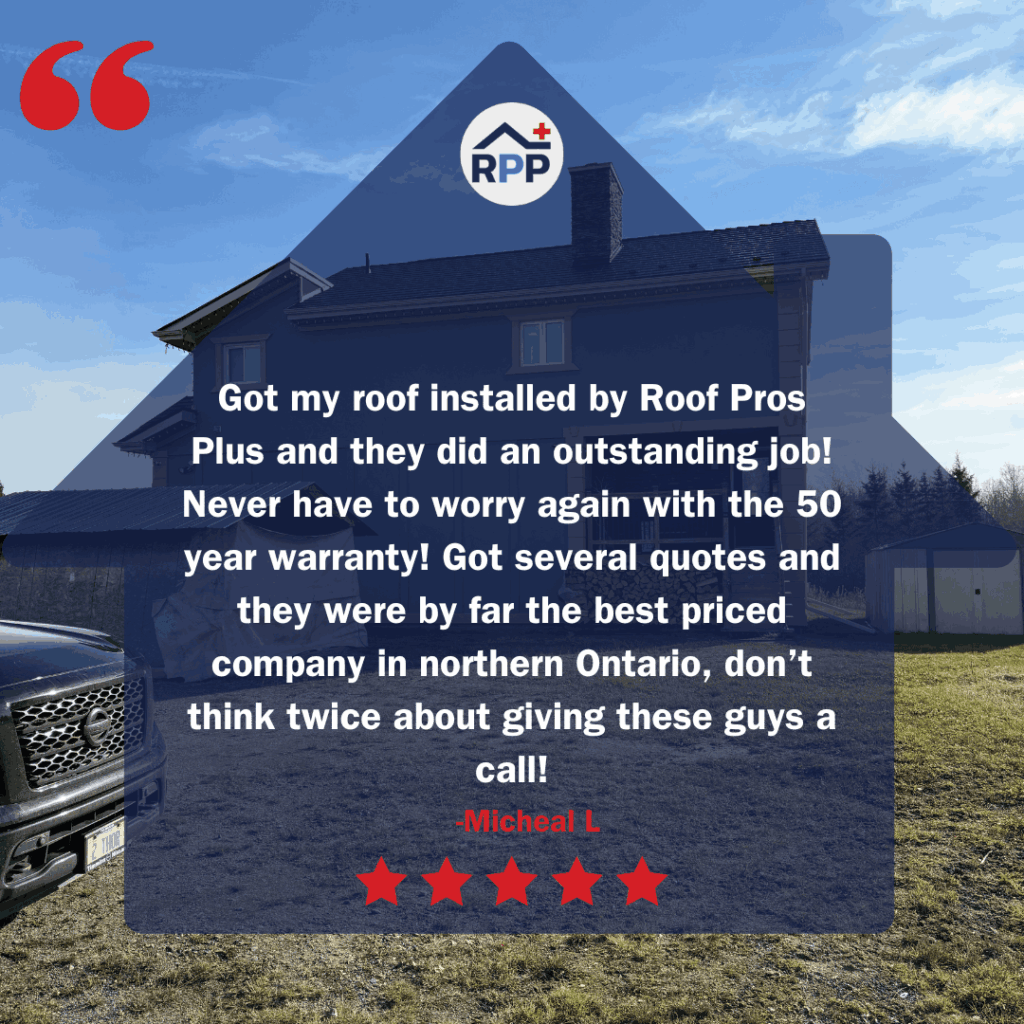A dark silhouette of a house with a blue sky background. Overlaid is a positive review of Roof Pros Plus, praising their service and pricing, accompanied by a five-star rating.