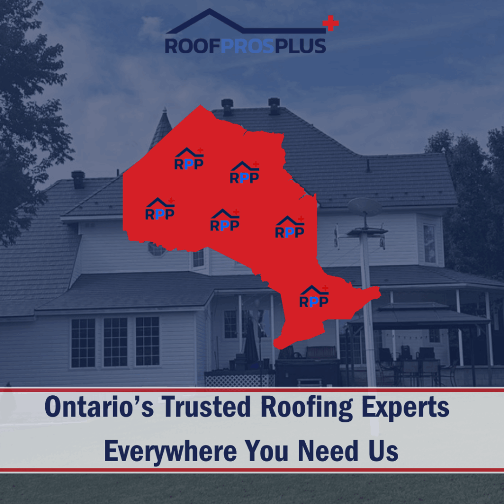 Red map of Ontario with "RPP" logos overlaid on a house background. Text below reads "Ontario’s Trusted Roofing Experts Everywhere You Need Us.