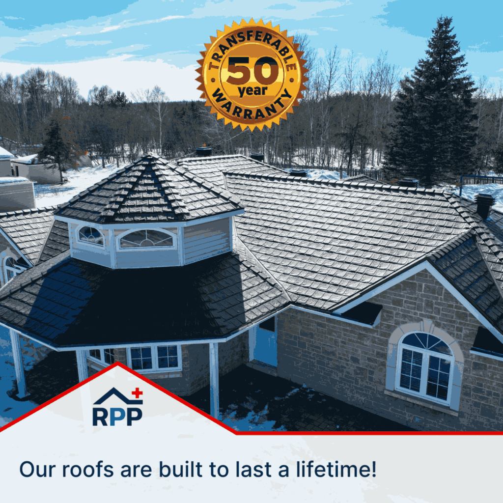 A house with a stone facade and black, metal roof sits under a clear sky. A badge reads "50 Year Transferable Warranty." Text underneath the RPP logo reads "Our roofs are built to last a lifetime!"