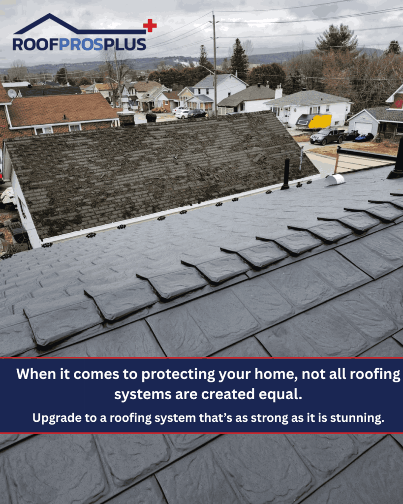 A sleek, dark-colored metal roof overlooking a residential neighborhood with cloudy skies. Text emphasizes visually appealing roofing options.