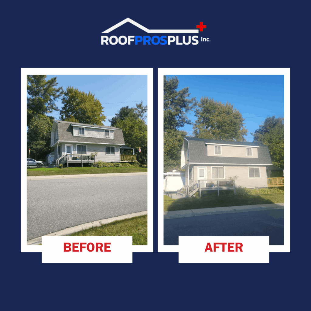 Side-by-side before and after images of a two-story house with a new metal roof. The left shows worn asphalt shingles; the right shows a fresh, updated roof. The "Roof Pros Plus" logo is at the top of the image.