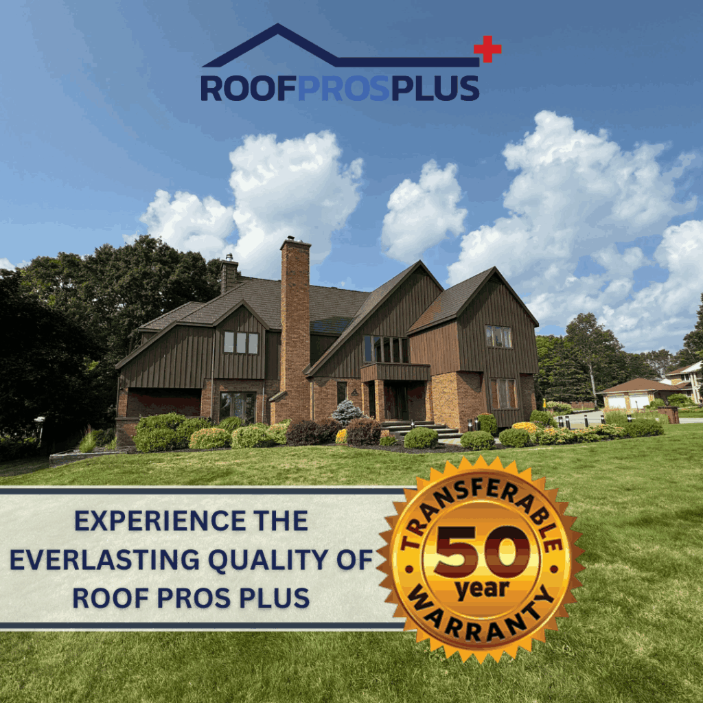 A large brick house with a metal roof under a clear blue sky. Text reads “Experience the everlasting quality of Roof Pros Plus” with a "50-year transferable warranty" badge, and the Roof Pros Plus logo at the top of the graphic.