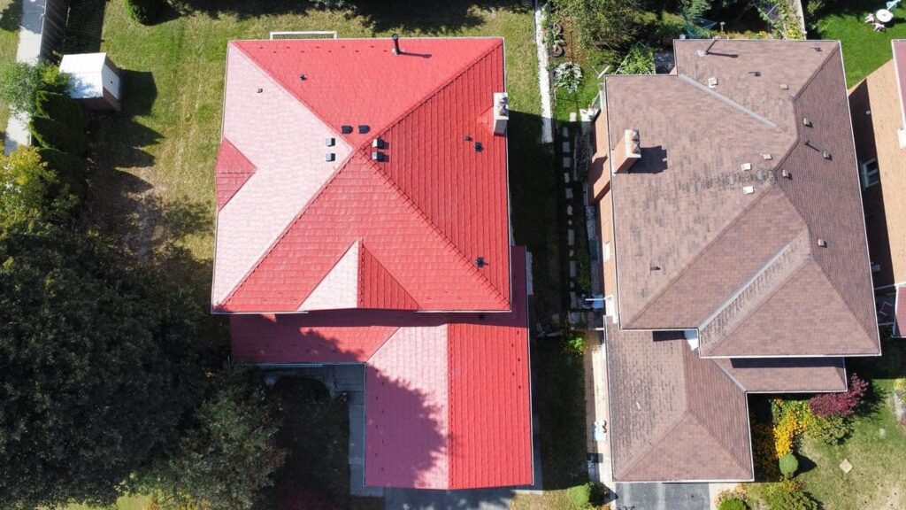 birds eye view of metals roofs installed by Roof Pros Plus