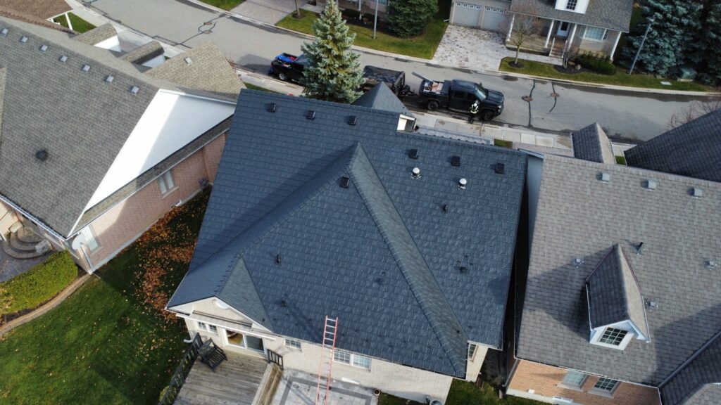 birds eye view of neighbourhood with metal roofs