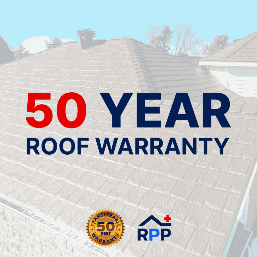 Image of a metal roof with large text stating '50 Year Roof Warranty' in red and blue. Includes a gold seal labeled 'Transferable Warranty' and the 'RPP' logo at the bottom of the graphic.