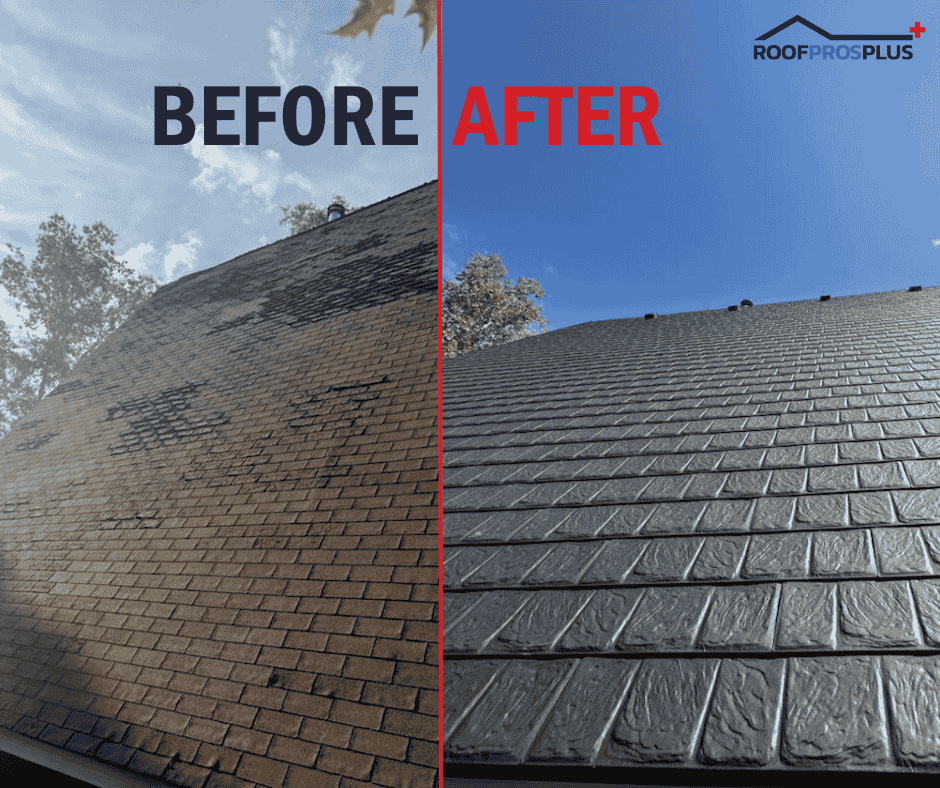 Image showing a roof with a split view labeled "Before" and "After." The left side shows a weathered, asphalt shingle roof, while the right side displays a clean, well-maintained metal roof in bright sunlight.