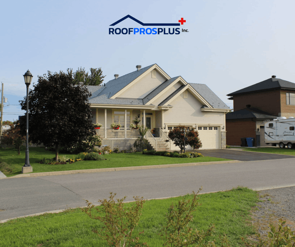 A beige suburban house with a grey gabled metal roof and a landscaped front yard with bushes and trees. A logo for Roof Pros Plus is at the top of the graphic.