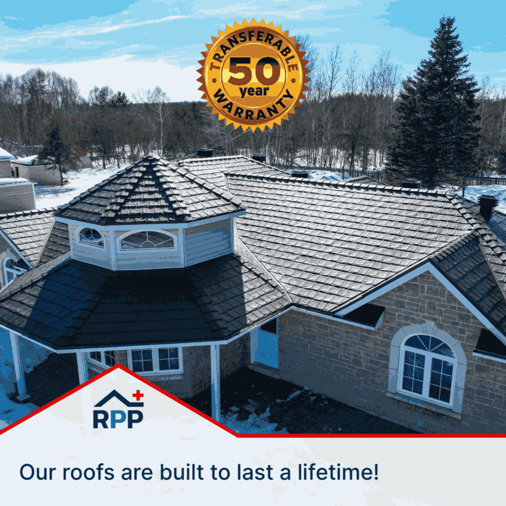 A house with a textured roof is shown in a snowy landscape. A "50-year transferable warranty" badge is displayed. Text below reads, "Our roofs are built to last a lifetime!"