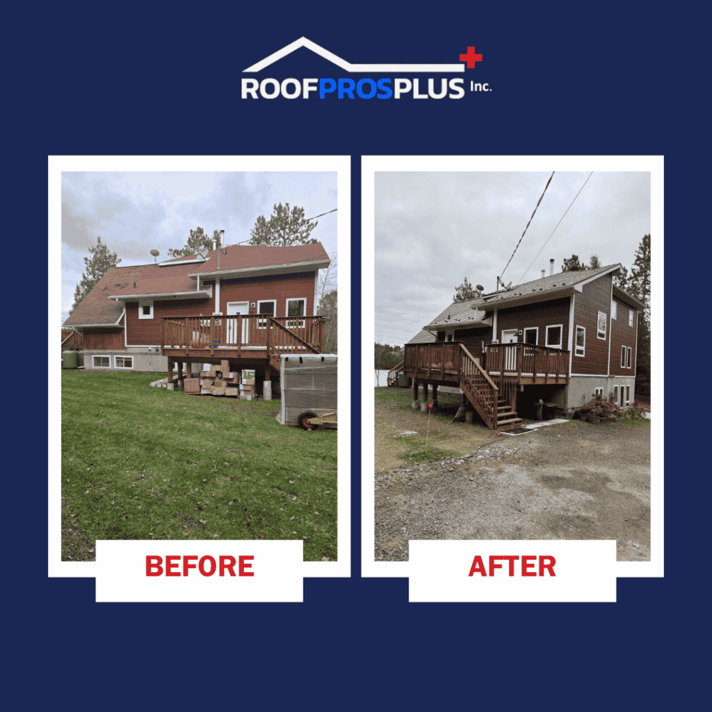 A side-by-side comparison of a house. The left shows the house before renovations with a red and brown exterior and asphalt shingles. The right shows the same house after renovations with a modern brown exterior and metal roof. Branding for Roof Pros Plus at the top.