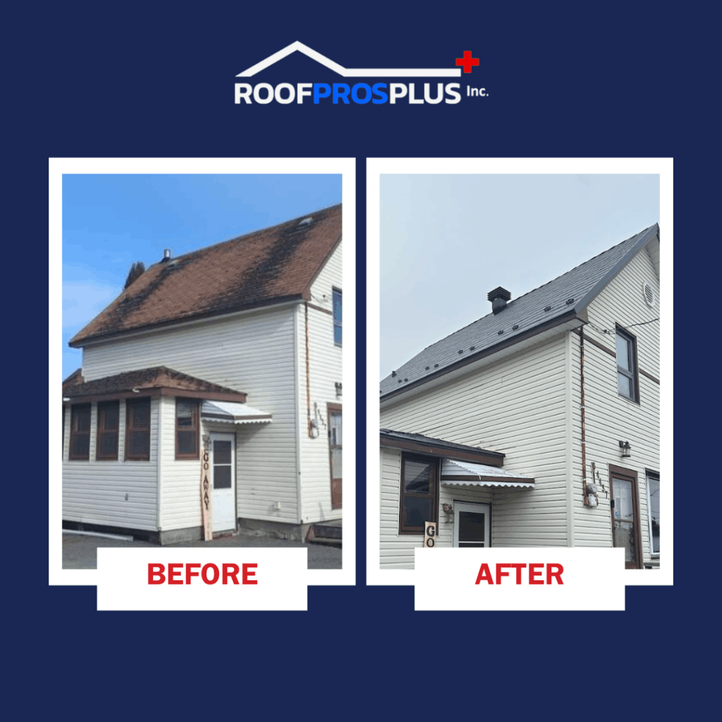 Side-by-side images of a house before and after a metal roof installation. The "before" asphalt roof is worn and brown; the "after" roof is metal, grey and clean. The Roof Pros Plus logo is at the top of the image.