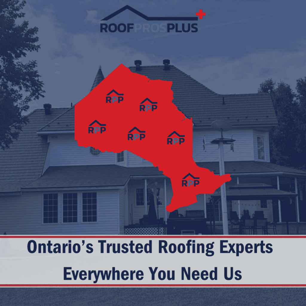 A graphic featuring a map of Ontario shaded in red with multiple 'RPP' logos, and a background image of a house with a visible metal roof. The text reads 'Ontario's Trusted Roofing Experts Everywhere You Need Us,' conveying a roofing service message.