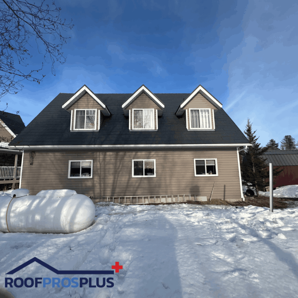 A brown house with a dark metal roof, three dormer windows, and snow on the ground. A propane tank and ladder are near the house.