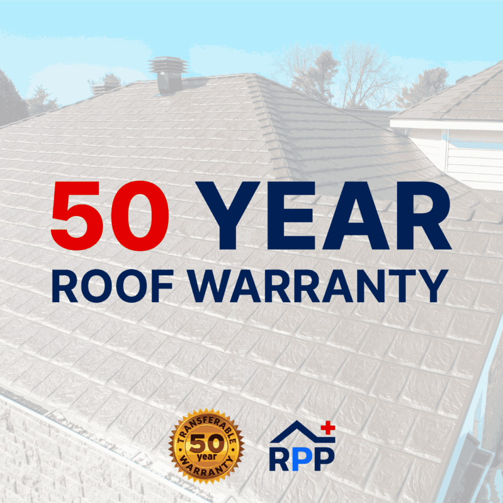 A metaloof with text overlay: "50 Year Roof Warranty" in bold red and blue letters. Includes a gold seal for "Transferable Warranty" and RPP logo.