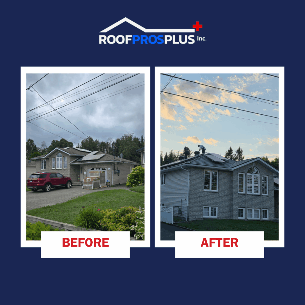 Side-by-side images of a house before and after metal roof installation. The left shows a damaged roof under a cloudy sky; the right shows a metal roof under a clear sky.